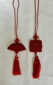 Vintage Lot 2 Red Cinnabar Lacquer Pendant /Amulet Corded Necklaces Dragon & Fan