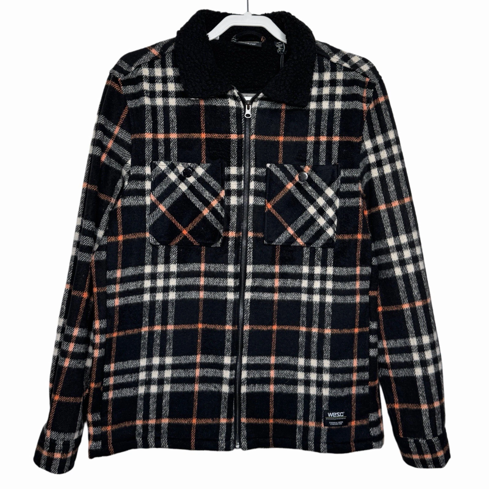 WeSC Liam Plaid Fleece Full-Zip Shirt Jacket Shacket Black Paid Unisex Sz L/XL
