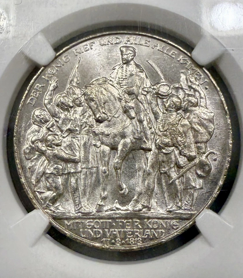 1913 GERMAN STATES Silver 3 MARK NGC MS-63 PRUSSIA - NAPOLEON DEFEAT PRE WWI - Image 2 of 3