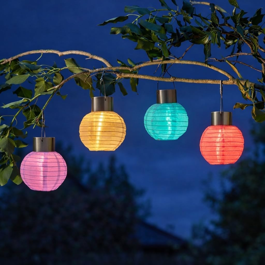 Pack of 4 Solar Chinese Lantern Multicolour LED Hanging Outdoor Lantern Lights
