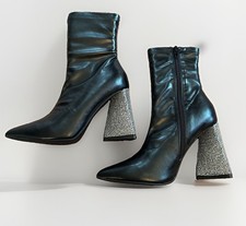 New Black Mid Calf Zipper Boots Triangle Block Rhinestone 4 Heels Pointed Toe 6
