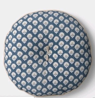 Threshold Round Block Floral 16in Pillow Decor Blue/Neutral Linen/ Cotton 