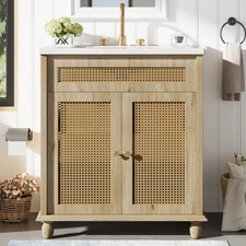 30-Inch Bathroom Vanity: Handwoven Rattan Doors, Solid Wood Legs & Resin Basin