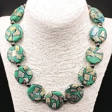 Mint Green Glazed Glass Bead Flat Disc Foiled Necklace Gold Pink Green Flecks 