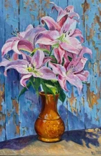 Still life Oil Painting Lilies in ceramic vase on vintage background