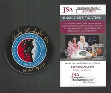 Andy Bathgate Signed & Inscribed Hockey Hall Of Fame Puck HOF Maple Leafs JSA