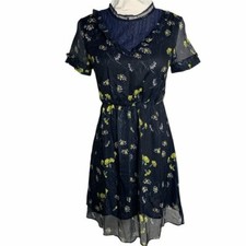 EzPopsy Floral Skater Dress S Blue Sheer Lined Lace Side Zip Elastic Waist 