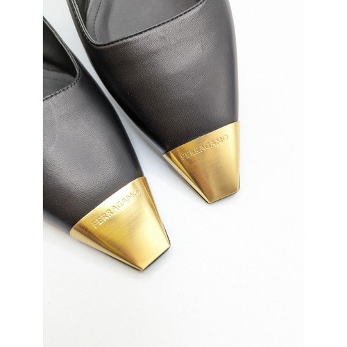 Salvatore Ferragamo Black Leather Gold Toe Cap Alhena Slingback Flats Size 37.5 - Picture 5 of 7