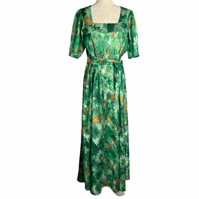 Vintage Floral Maxi Dress M Green Square Neck Sheer Partially Lined Tie  Waist | eBay