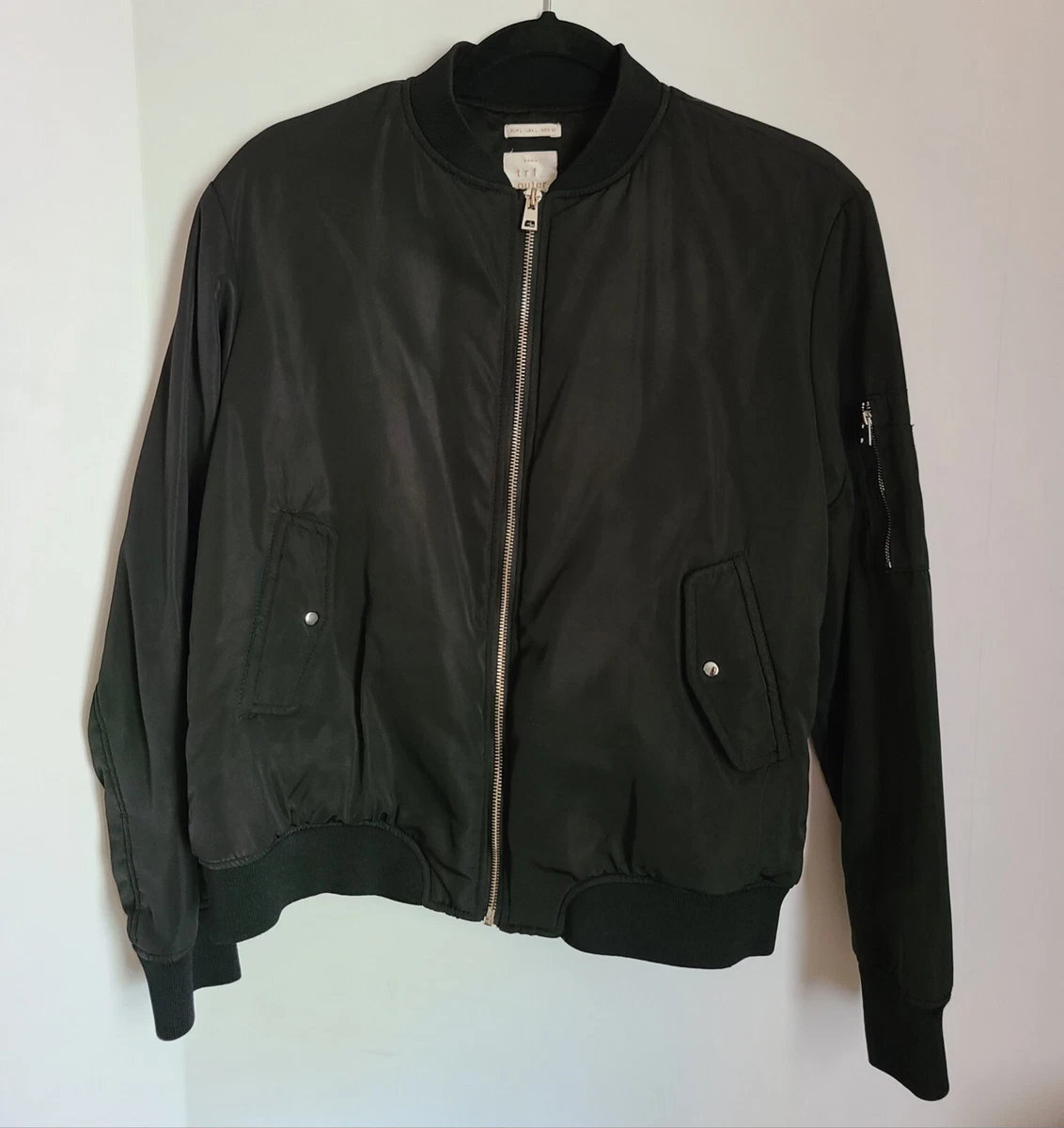 Zara TRF Bomber Jacket BLACK Womens LARGE FULL Zip Coat Army