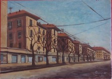 Quadro Naif olio Milano viale milanese paesaggio firmato V. Donati Vintage