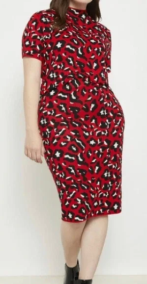 *NUEVO CON ETIQUETAS* ELOQUII Rojo Negro Blanco Guepardo Suéter Falda Conjunto 22/24 y 26/28