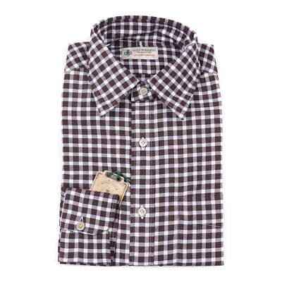 Luigi Borrelli Brown and White Woven Check Cotton Dress Shirt 15.5 NWT