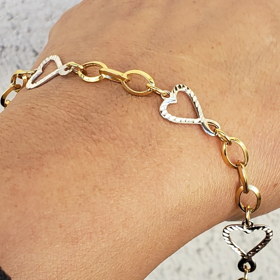 womans 14k yellow white gold diamond cut hearts link Bracelet 8 inch long - Image 3 of 4