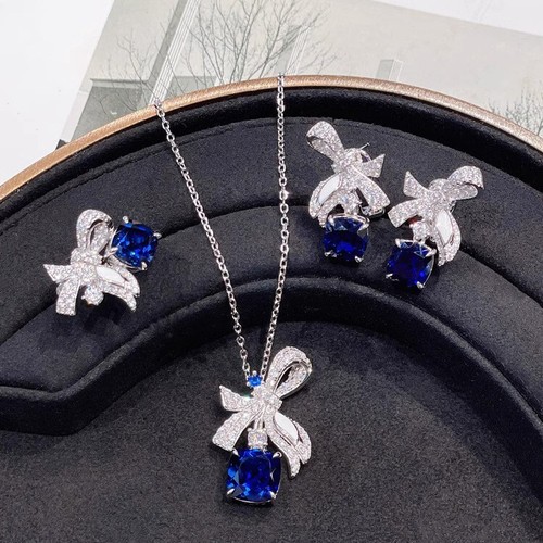 Set 3 pezzi fiocco blu reale topazio gemme moda donna collana borchia orecchini anelli - Foto 3 di 7