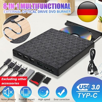 8 in 1 USB 3.0 Externes Laufwerk DVD CD UHD Brenner Player Type-C für Laptop PC