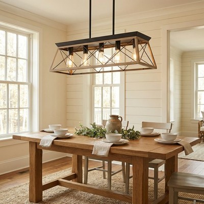 32'' Oak Pendant 5 Light Rustic Farmhouse Chandelier Living Room Fixture Metal