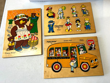 3 Vintage Wood Puzzles, Fisher Price 1970's School Bus, Occupations Bear