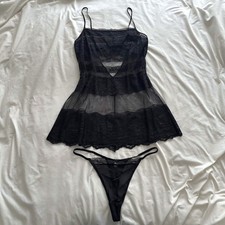 Vtg Victoria's Secret Black Sheer Lace Mesh Babydoll Lingerie Silk Panty Set L