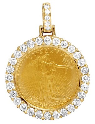 Unisex Real Diamond Pendant 22K 1/10 oz Liberty Coin 10K Yellow Gold 1.1''   1...
