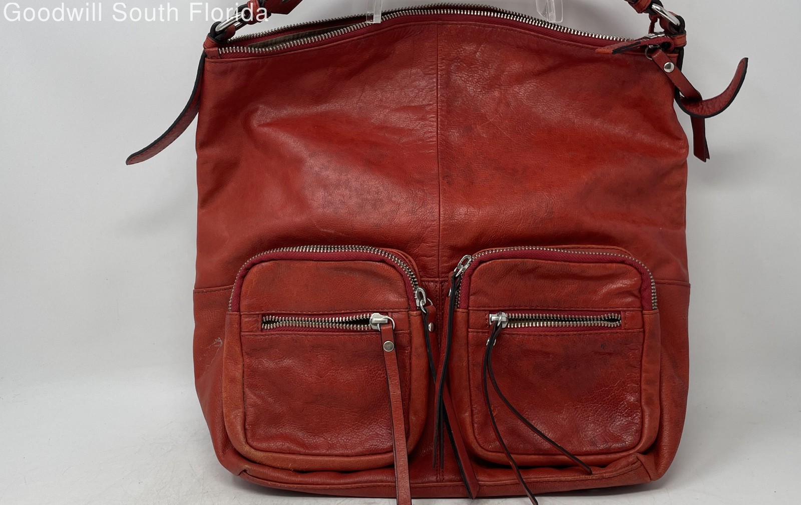 Tano Womens Red Leather Single Strap Outer Pockets Zip Top Shoulder Handbag