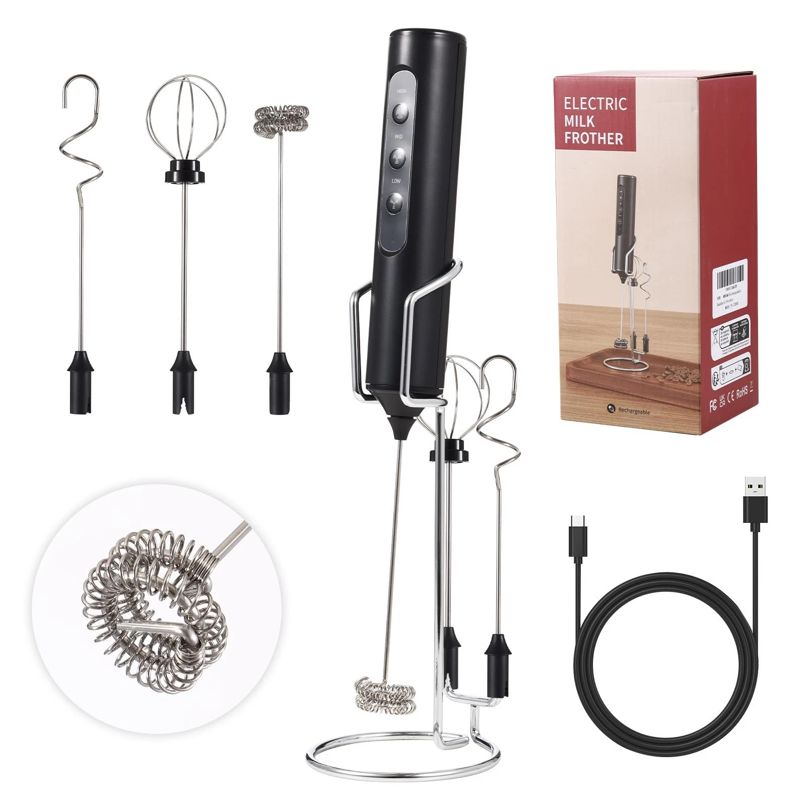 Rechargeable Handheld Milk Frother with Stand, 3 Speeds 3 Detachable Stainles...