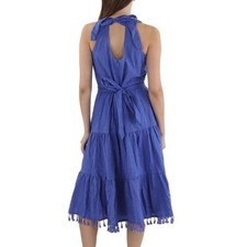 TAHARI 100% Cotton Floral Crochet Embroider Pockets Dress Blue Tassel Hem 6