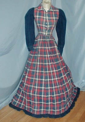 Fetching Antique Dress Victorian 1880 Red Blue and White Plaid Cotton