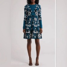 NWOT Eliza J Floral Long Sleeve Fit & Flare Green Floral Sweater Dress Small