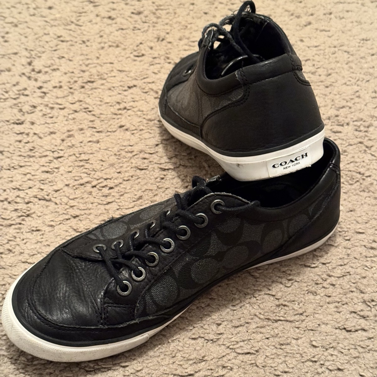 COACH New York Signature Shoes Sneakers Black Leather Lace