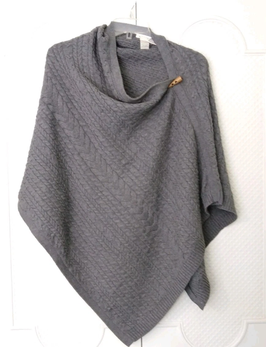 Orvis Womens Poncho Gray Cable Knit Merino Wool Cotton One Size cabled