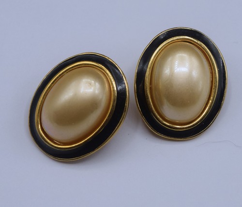 VINTAGE SIGNED CAROLEE MABE PEARL BLACK CRYSTALS PIERCED EARRINGS LARGE - Picture 2 of 5