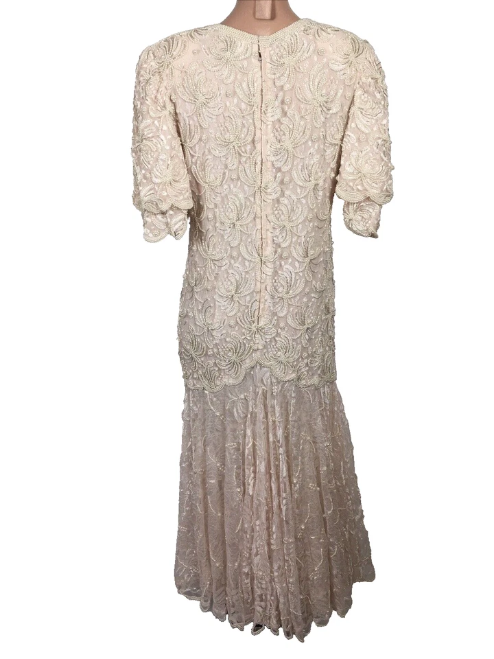 Scala Vintage Mother of the Bride Beaded Formal Lace Evening Dress Pink Peal M - Image 2 of 4