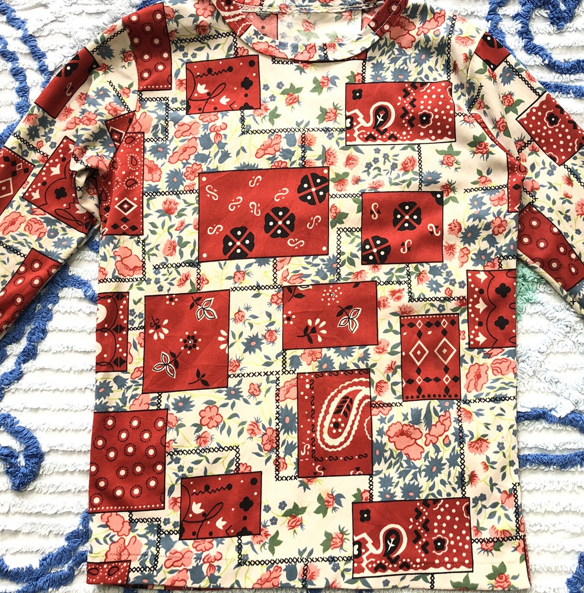 Vintage Kids Shirt, Faux Patchwork Long Sleeve Tee in Red and Blue