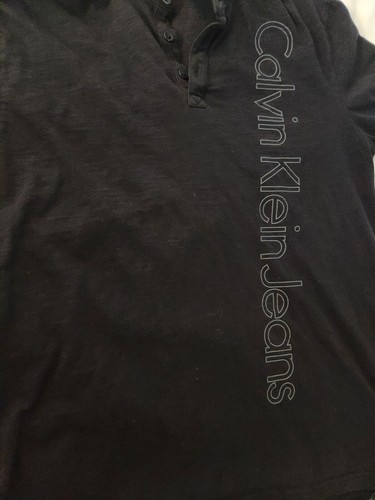 Men's Shirt Calvin Klein Jeans Logo on Hem Vintage Black Button Polo T Shirt - Picture 9 of 16