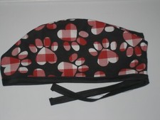 Surgical Scrub Hats caps  Dog Paws red gingham