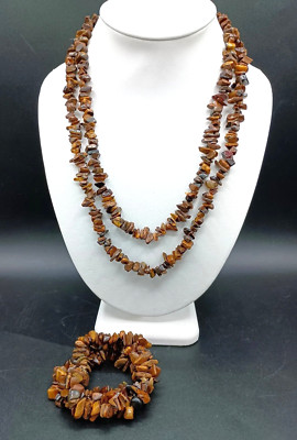 Tigers Eye Chip Gemstone Necklace Bracelet Set Bundle Demi  Polished Brown 