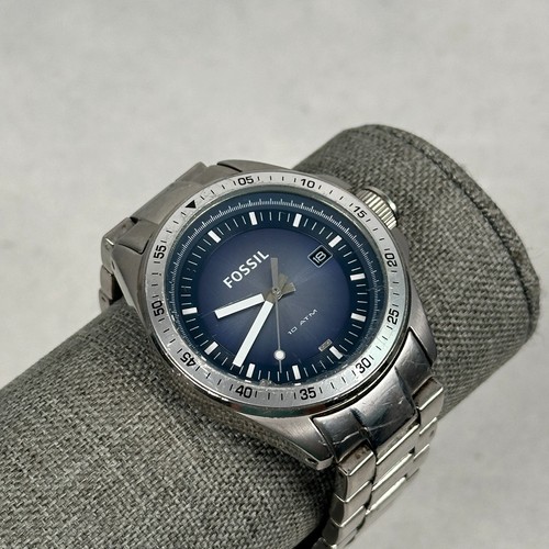 Fossil Watch Mens 42mm Blue Dial Date Decker Silver Tone 7.5" New Battery READ