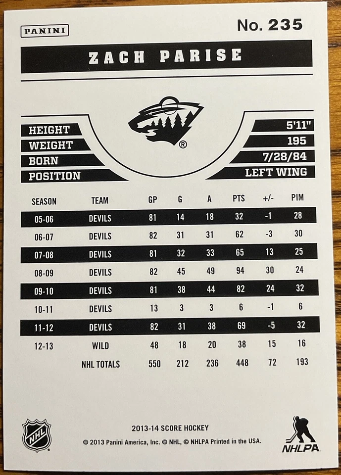 2013-14 Score Gold Zach Parise #235 Minnesota Wild - Image 2 of 2