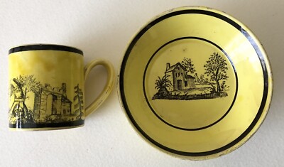 ANTIQUE OLD FRENCH Miniature PORCELAIN YELLOW CREIL Mini Tiny Child Cup & Saucer