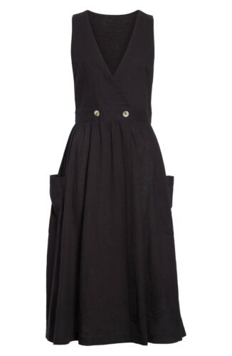 FREE PEOPLE Black Button V-Neck Pleated Wrap Cotton Midi Dress w/Pockets M 8/10 - Picture 3 of 8