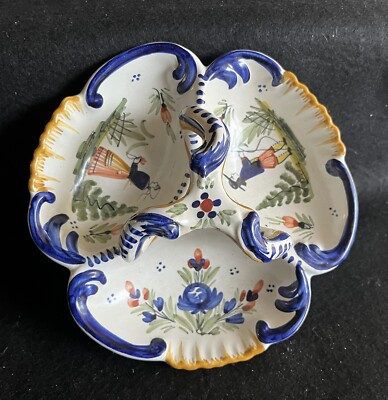Antique French Faience HB Quimper Hand Painted Multiple Scene Divided Dish NICE
