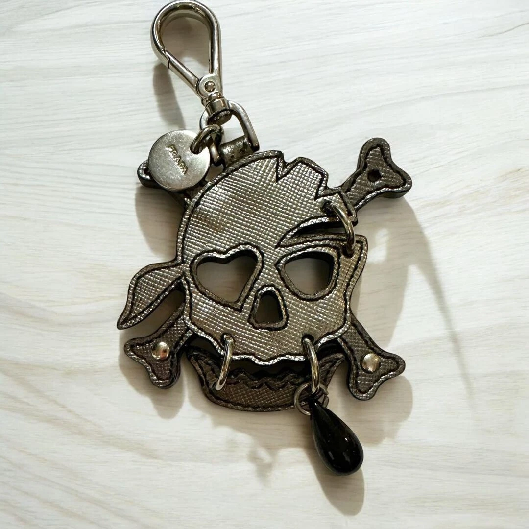 PRADA Skull Motif Keyring Key Chain Bag Charm Metal Leather NO BOX