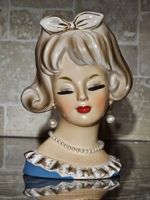 Lady Head Vase Ardco With Pearl Necklace Earrings and Bow In Hair 5.5 in