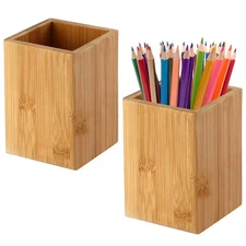 Pen Cup Holder 2 Pack Bamboo Wood Desk Pencil Stand Multi Purpose Use Pot
