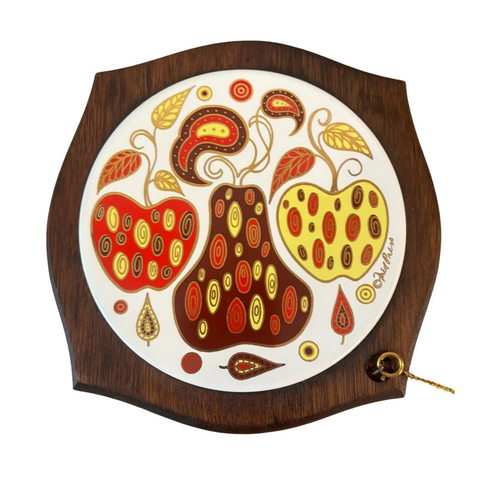 Tabla de queso Fred Press MCM Mid Century moderna de madera y azulejos diseño de frutas de colección Foto 2 de 4