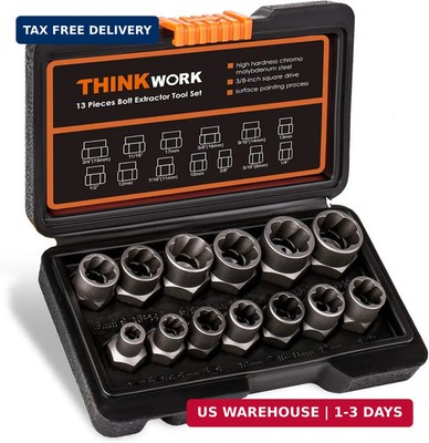 THINKWORK Bolt Extractor Kit, 13+1 Pieces Nut Extractor Socket Set, 3/8'' Drive R