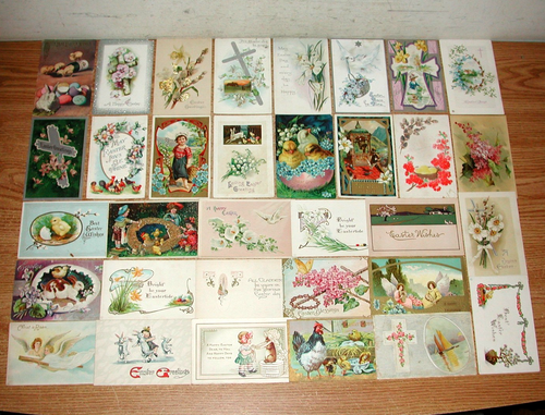 LOT OF 34 ANTIQUE EMBOSSED EASTER GREETINGS POSTCARDS FROM THE 1910S - Afbeelding 1 van 21