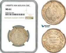 AL314, Bolivia, 50 Centavos 1900 PTS MM, Potosi Mint, Silver, NGC MS61