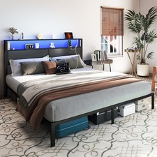 King Queen Platform Bed Frame LED Light w/ Outlet USB Charging Storage Headboard